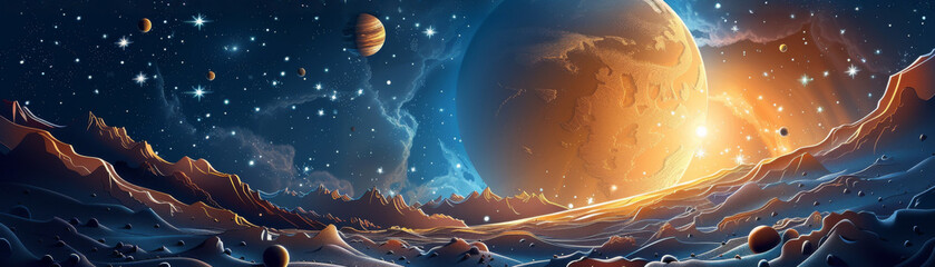 Wall Mural - A colorful space scene with a large planet in the center