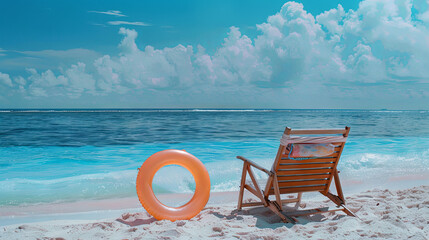Wall Mural - A sun lounger with an umbrella on the shore of the blue ocean