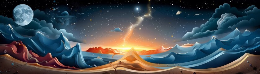 Wall Mural - A beautiful and colorful painting of a starry sky with a large moon