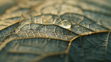 Wall Mural - Close-up of raindrop resting on intricate leaf skeleton, captured in HD.