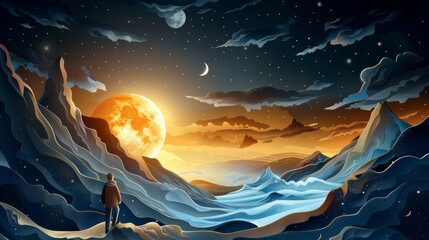 Wall Mural - A man stands on a mountain overlooking a body of water