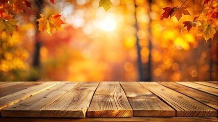 wooden table top with blur background of autumn leaf. High quality photo