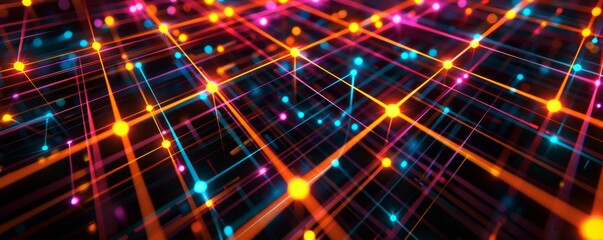 Abstract neon light grid on black background