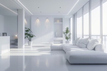 Wall Mural - A bright and airy living room with a large sectional sofa, white walls, and large windows