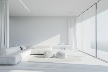 A minimalist living room with a white sectional sofa, two white ottomans, and large windows