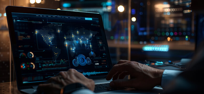 A man using a laptop with a digital hologram of a warning sign and graphs on a dark background,