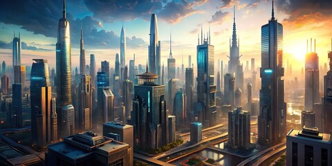Top view of futuristic cyberpunk city with towering skyscrapers , cyberpunk, cityscape, skyline, buildings, technology, futuristic, urban, architecture, neon lights, modern, landscape