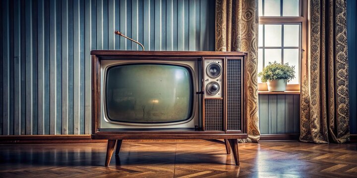An old CRT television set sitting in a room , retro, vintage, technology, entertainment, living room, interior, nostalgic, 80s, screen, display, electronics, furniture, apartment, home