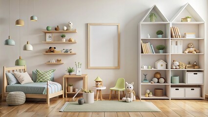 Poster frame mock up in a stylish children's room interior with toys, bed, and shelves , mock up, children's room, interior, stylish, light tones, toys, bed, shelves, rendering, poster frame