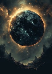 Wall Mural - a vertical shot of a beautiful golden planet with stars and planets