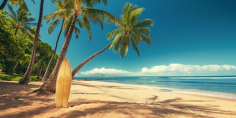 Wall Mural - A tropical island beach with surfboard, palm trees, and turquoise waters, perfect for a sunny vacation.