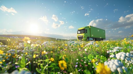 Green truck symbolizing sustainable transportation on a vibrant spring meadow with a clear blue sky, 3D rendering