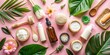 © Woonsen - Eco-friendly beauty products arranged on a botanical pink background , sustainable, natural, organic, skincare, cosmetics, green beauty, environment, plant-based, cruelty-free, wellness