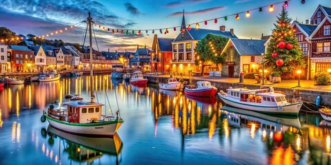 Scenic view of a festive port with decorated houses, boats, and garlands, Christmas, New Year, greeting card, port, houses, boats, garlands, decorations, festive, holiday, winter, season
