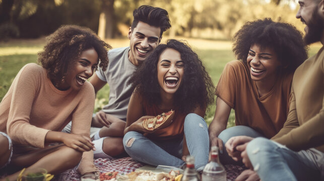 Friends laughing and enjoying a picnic