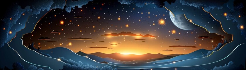 Wall Mural - A beautiful night sky with a bright orange sun setting over a mountain range