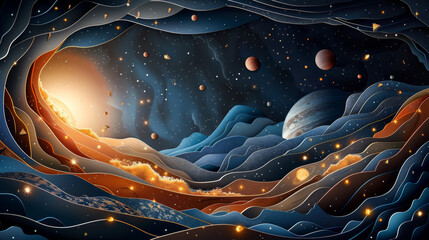 Wall Mural - A paper cutout of a space scene with a sun and planets