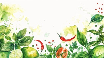 Poster - Vibrant watercolor painting showcasing an assortment of fresh Thai herbs and spices,including basil,chili peppers,limes,garlic,and other aromatic ingredients commonly used in Southeast Asian cuisine.