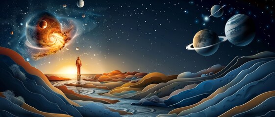 Wall Mural - A man is walking through a desert on a planet with a sun in the background