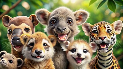 Close-up of cute animals with smiling expressions against a wildlife background, safari, zoo, wildlife, animals, cute,smiling, nature, close-up, realistic, ultra wide angle, lens