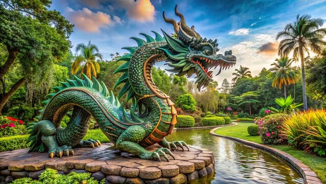 Dragon statue in the park surrounded by lush greenery , dragon, statue, park, greenery, outdoor, mythical creature, fantasy, sculpture, artwork, nature, majestic, iconic, landmark, public art