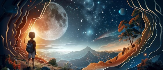 a boy is looking up at the moon in a beautiful, starry sky
