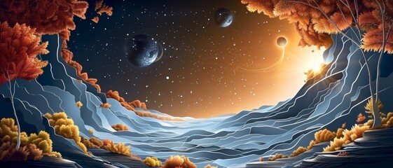 Wall Mural - A beautiful painting of a space scene with a blue sky and orange trees