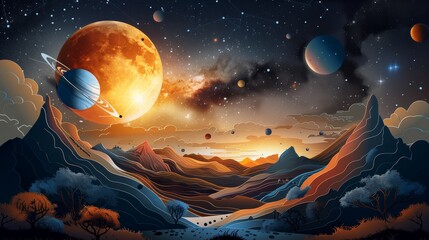 Wall Mural - A painting of a planet with a large red moon