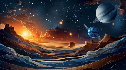 Wall Mural - A painting of a space scene with a large blue planet in the middle
