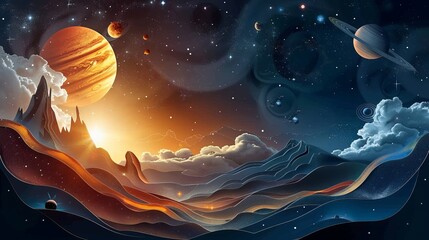 Wall Mural - A colorful painting of a planet with a sun in the sky