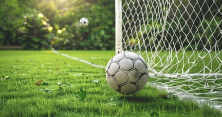 A soccer ball and a net on a soccer field