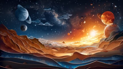 Wall Mural - A beautiful painting of a planet with a sun in the sky