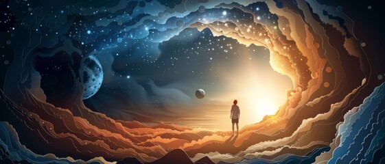 Wall Mural - A person is standing in the middle of a large, colorful, and mysterious space