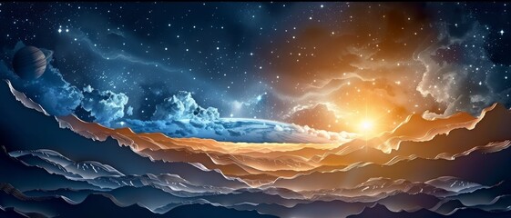 Canvas Print - A beautiful night sky with a bright orange sun rising over the clouds