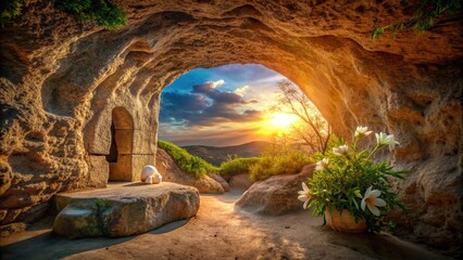 Wall Mural - Empty tomb representing the resurrection of Jesus Christ, resurrection, Easter, Christian, faith, spirituality, religion, empty, tomb, crucifixion, sacrifice, miracle, rebirth, hope