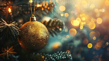 Sticker - Hanging glimmering colorful gold ball Christmas ornament decoration at the Christmas tree. Background for seasonal greetings. Merry Christmas decoration concept bokeh lights