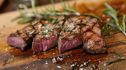 Wall Mural - Juicy, rare steak pieces with a crispy outer layer, garnished with fresh rosemary.