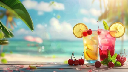 Wall Mural - Cold fancy colored summer drinks with lemon slice, mint and cherries on a beach side table,Cold refreshment drinks with blurry beach scenery background