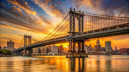 Wall Mural - Manhattan Bridge glowing in the golden sunset light over East River, New York City , sunset, skyline, architecture, cityscape, urban, iconic, bridge, suspension, cable, transportation