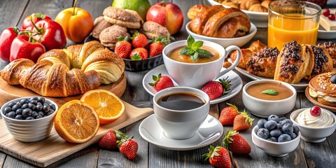 Wall Mural - Continental breakfast spread with pastries, fruits, and coffee, continental breakfast, morning meal, buffet, croissants, muffins, coffee, fruits, juice, gourmet, hotel, bakery, fresh