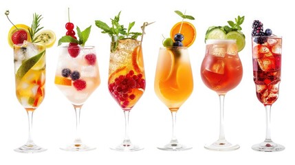 Wall Mural - collection cocktails with fruits and berries on white background,Refreshing cocktails with mint, fruits and berries on a white background,A variety of cocktails in glass goblets,Isolated

