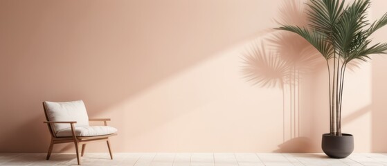 Wall Mural - Blurred shadow from palm leaves on the light pink wall. Minimal abstract background for product presentation.