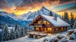 © Sangpan - Cozy chalet nestled in the mountains overlooking a scenic view , mountain, cabin, wood, nature, tranquility, remote, solitude, peaceful, landscape, trees, snow, cozy, architecture, vacation