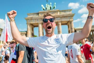 English football soccer fans in downtown Berlin at the Brandenburg gate celebrate the national team, Three Lions