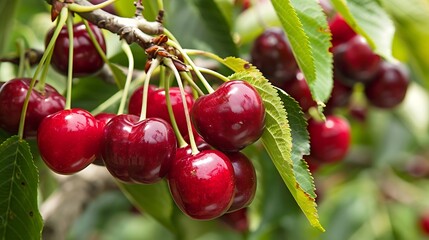 Wall Mural - closeup of green branches laden with ripe cherries in garden.