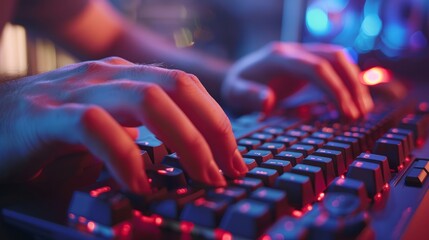 Wall Mural - A close-up image of a programmers hands typing on a sleek keyboard in a dimly lit workspace. The red and blue lighting highlights the activity and creates a sense of focus and intensity