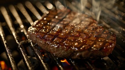 Wall Mural - A close-up of a sizzling steak on a hot grill, showcasing the caramelization and grill marks