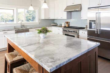 modern kitchen with stainless steel appliances, granite countertops, and a custom-designed island, all photographed on a white background.