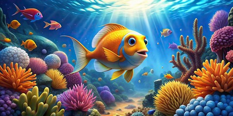 Wall Mural - Cartoon fish swimming in a vibrant blue ocean among coral reef , fish, swimming, underwater, aquarium, nemo, marine life, colorful, coral reef, ocean, sea creatures, vibrant