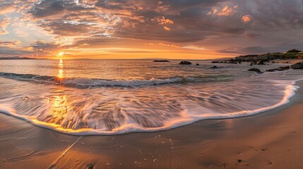 Wall Mural - A panoramic shot capturing the warm hues of a golden sunset over a tranquil beach with gentle waves lapping at the shore